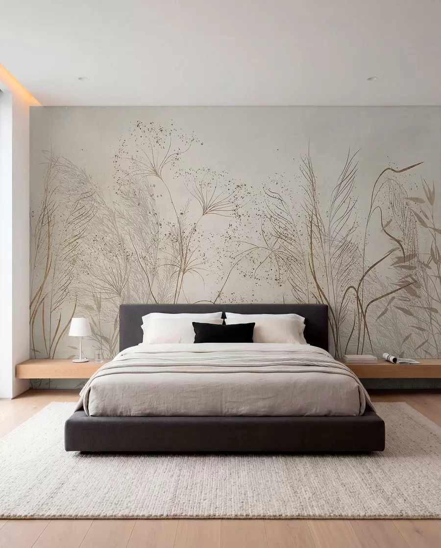 wall murals Једнобојна илустрација разних беж биљака и класова са деликатним, танким линијама и текстурама  w08441