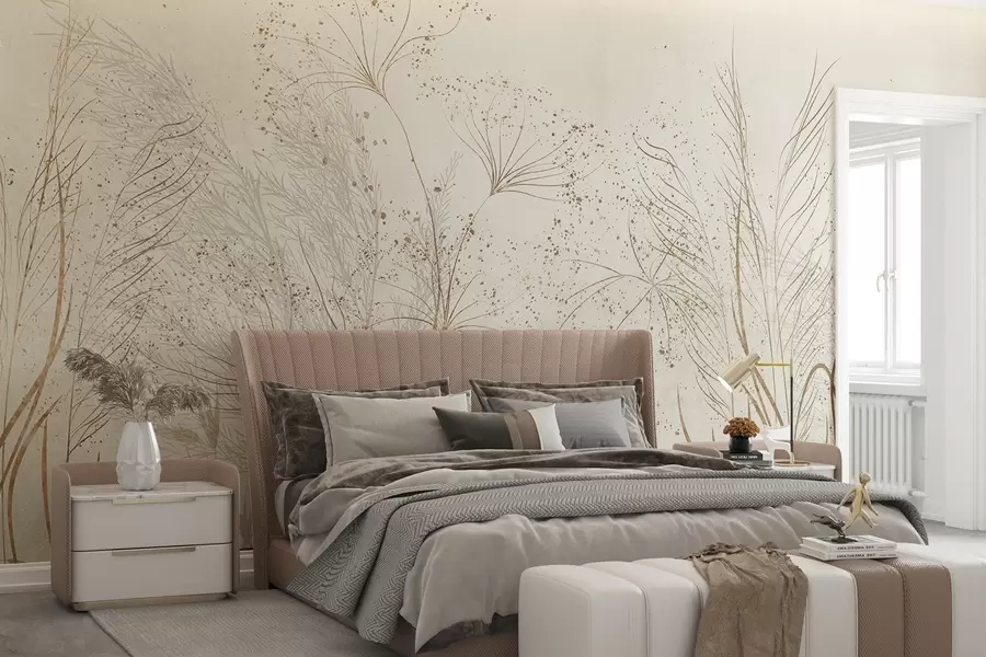 wall murals Једнобојна илустрација разних беж биљака и класова са деликатним, танким линијама и текстурама  w08441