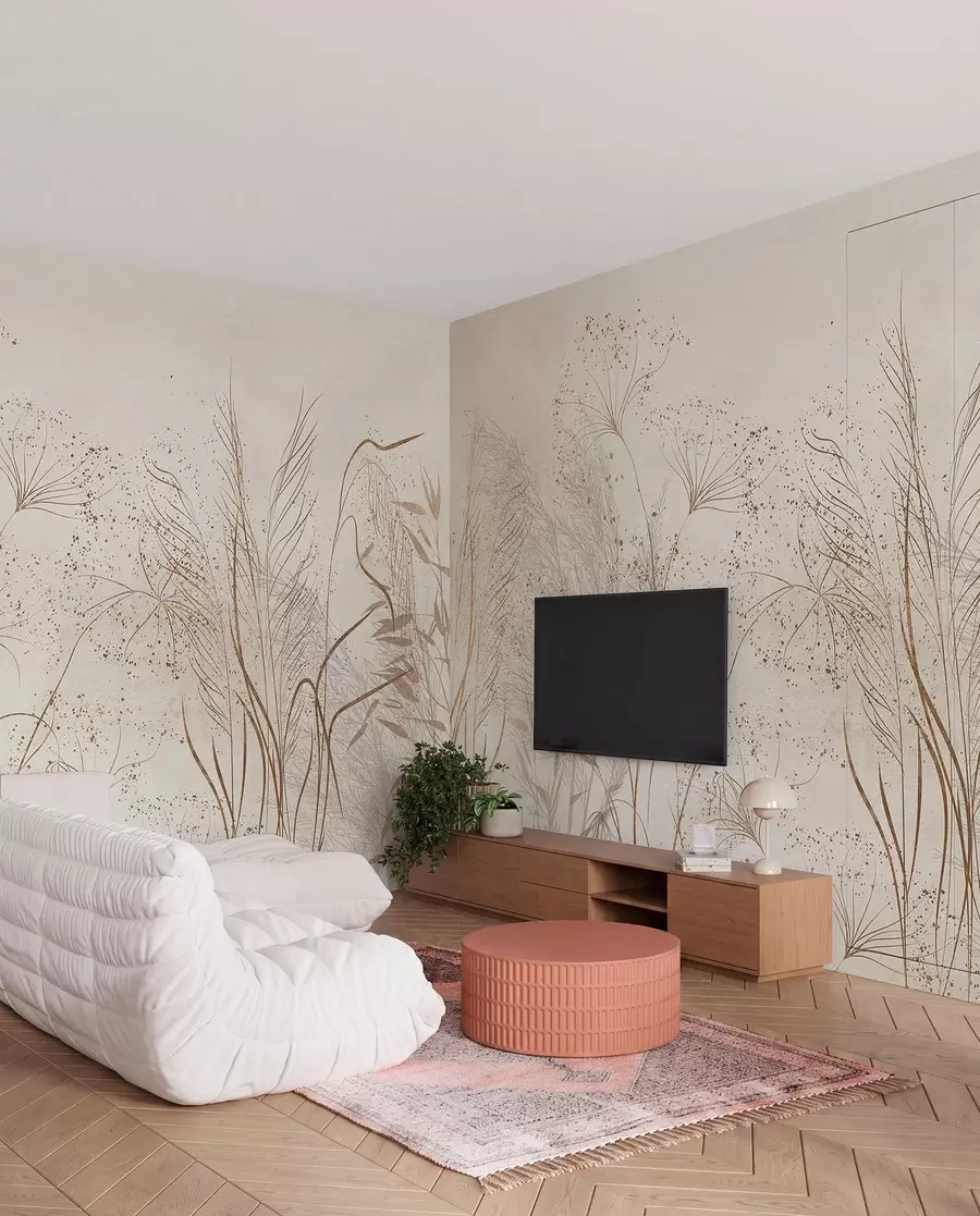 wall murals Једнобојна илустрација разних беж биљака и класова са деликатним, танким линијама и текстурама  w08441