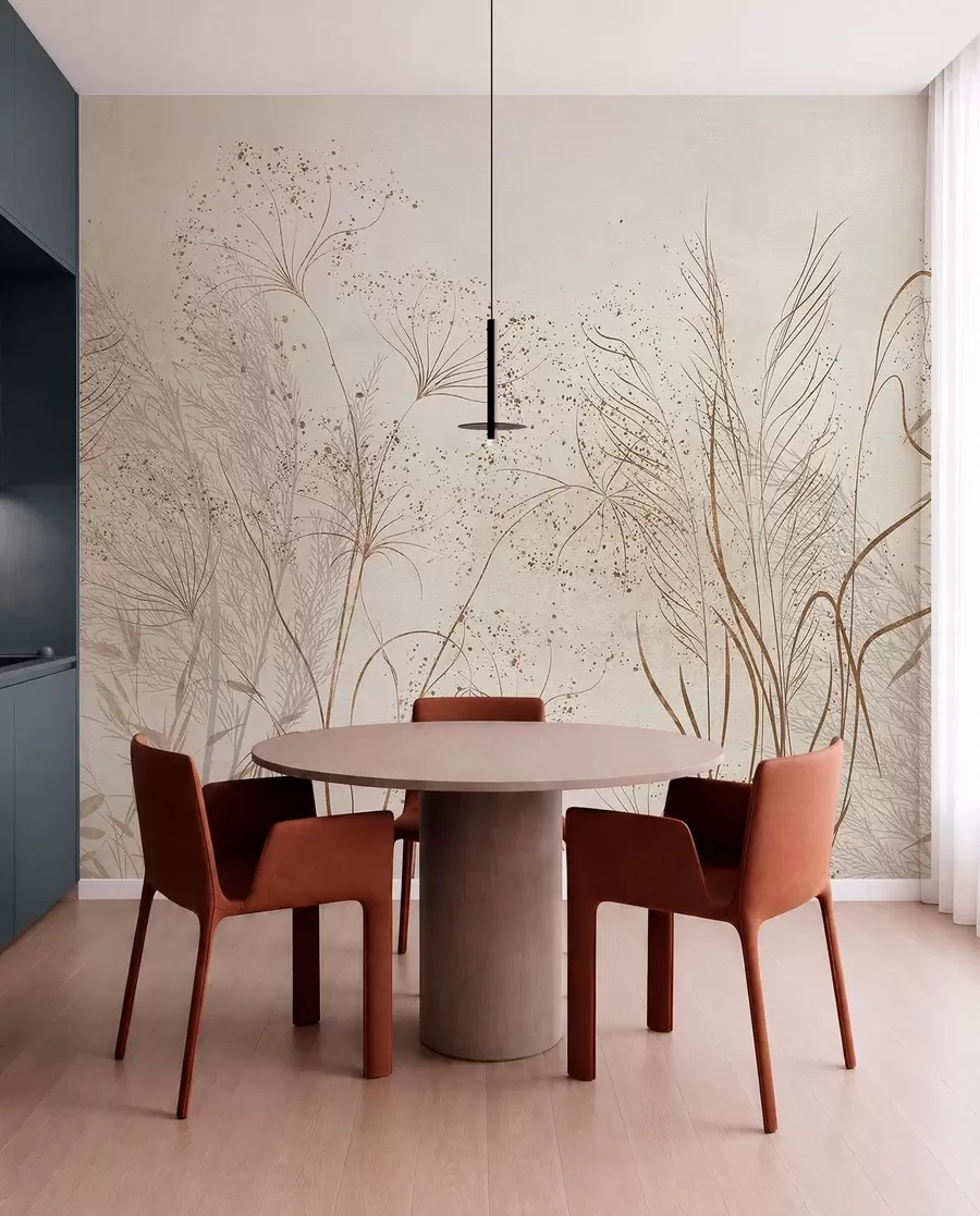 wall murals Једнобојна илустрација разних беж биљака и класова са деликатним, танким линијама и текстурама  w08441