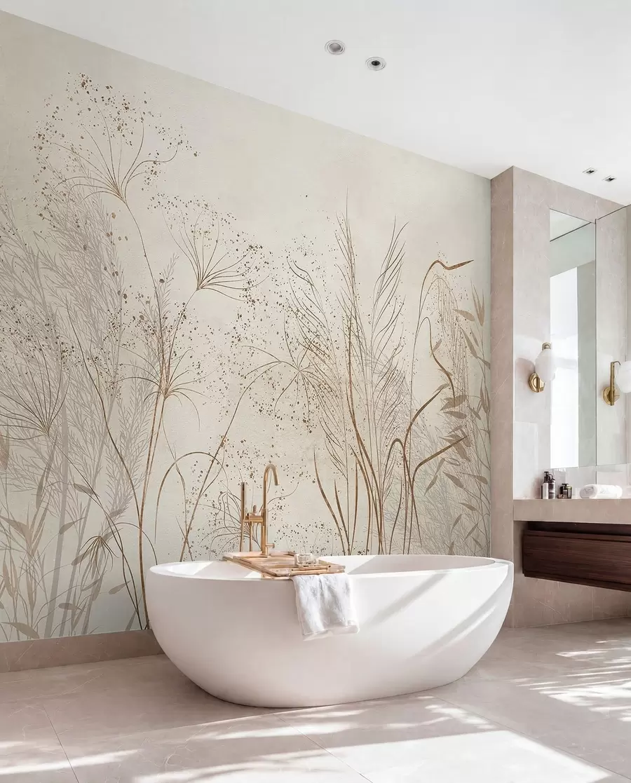 wall murals Једнобојна илустрација разних беж биљака и класова са деликатним, танким линијама и текстурама  w08441