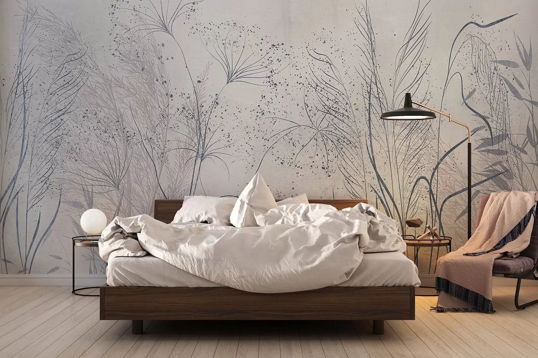 wall murals Једнобојна илустрација разних сивих биљака и класова са деликатним, танким линијама и текстурама  w08441v1