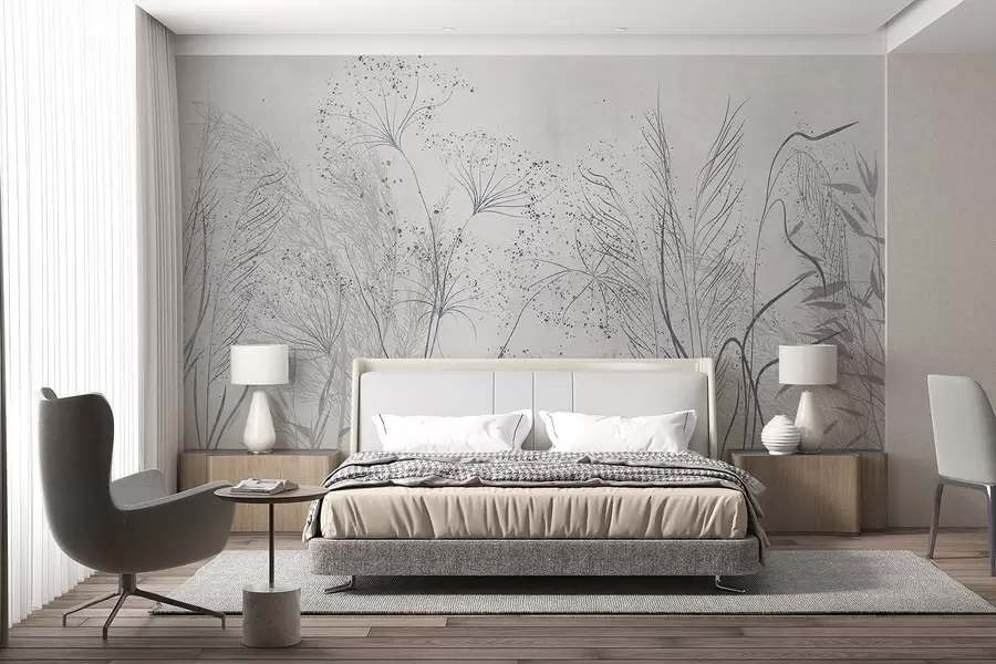 wall murals Једнобојна илустрација разних сивих биљака и класова са деликатним, танким линијама и текстурама  w08441v1