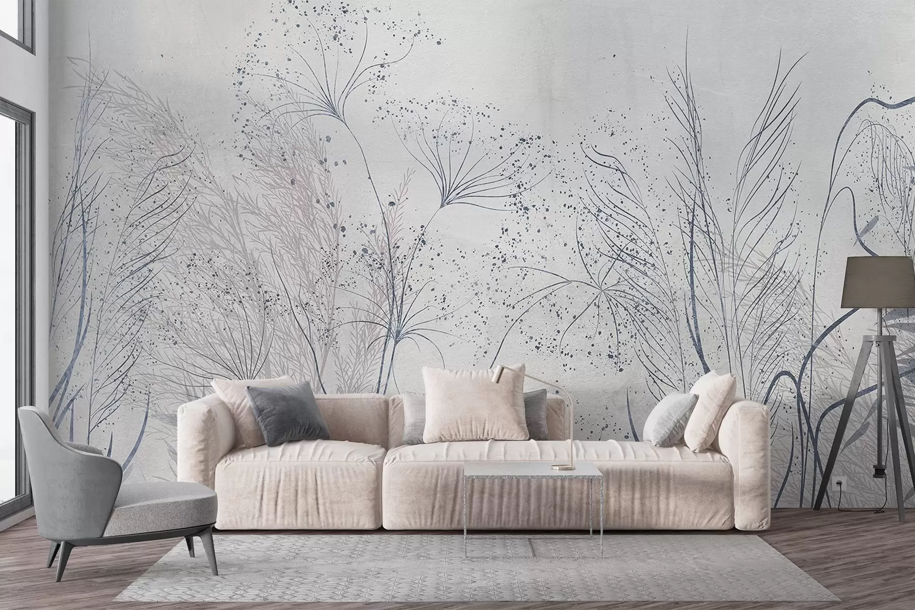 wall murals Једнобојна илустрација разних сивих биљака и класова са деликатним, танким линијама и текстурама  w08441v1