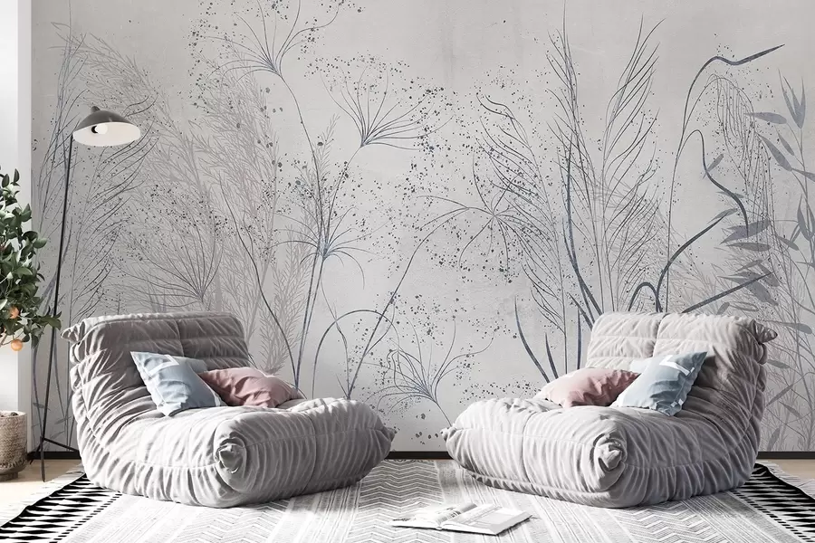 wall murals Једнобојна илустрација разних сивих биљака и класова са деликатним, танким линијама и текстурама  w08441v1