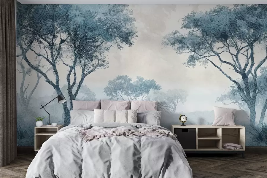 wall murals Магловит, спокојан пејзаж са силуетом дрвећа у првом плану са меком маглом у нијансама плаве и беж w08442