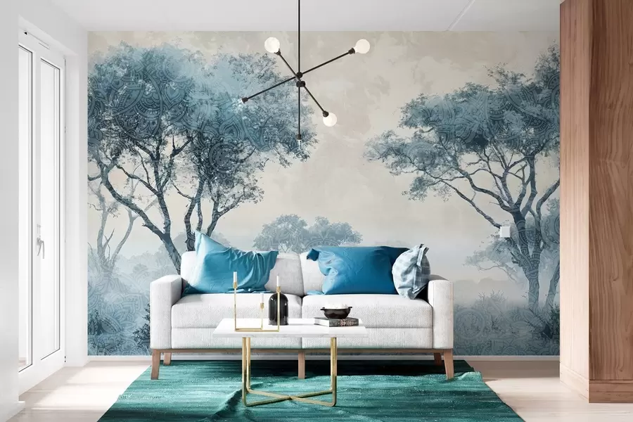 wall murals Магловит, спокојан пејзаж са силуетом дрвећа у првом плану са меком маглом у нијансама плаве и беж w08442