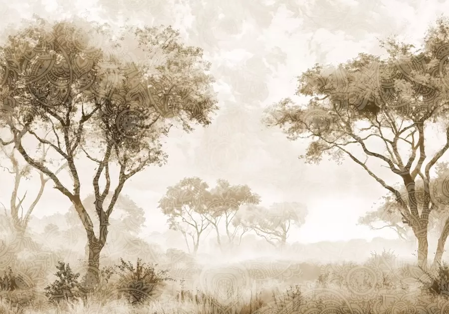 wall murals Магловит, спокојан пејзаж са силуетираним дрвећем у првом плану са меком маглом у нијансама браон и беж w08442v2