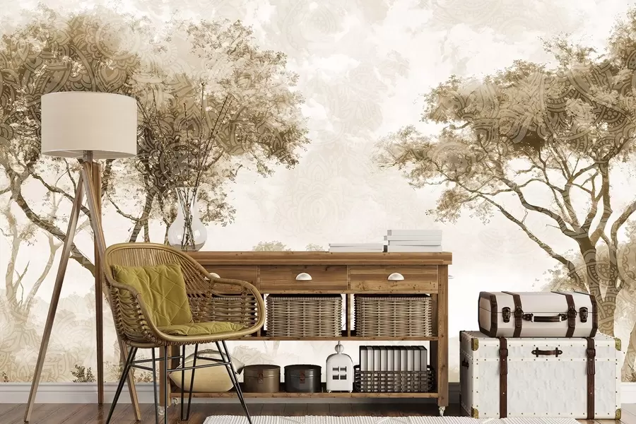 wall murals Магловит, спокојан пејзаж са силуетираним дрвећем у првом плану са меком маглом у нијансама браон и беж w08442v2