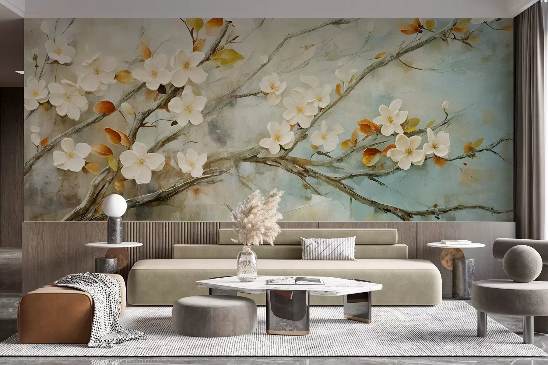 wall murals Цветови беле трешње на гранама на мекој плавој и зеленој позадини у стилу уљаног сликарства w08444