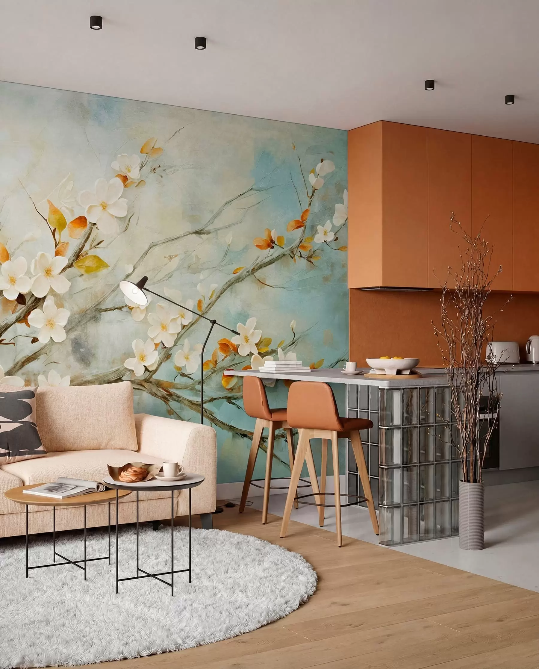 wall murals Цветови беле трешње на гранама на мекој плавој и зеленој позадини у стилу уљаног сликарства w08444