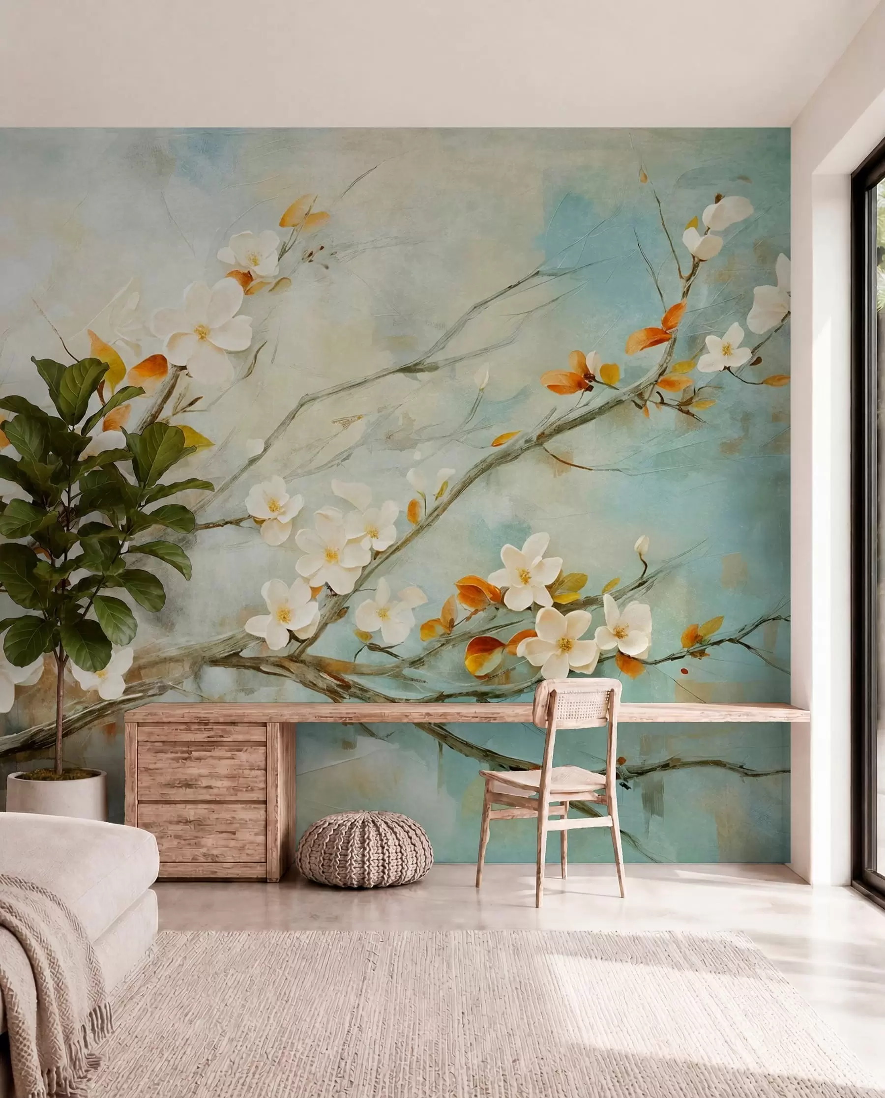 wall murals Цветови беле трешње на гранама на мекој плавој и зеленој позадини у стилу уљаног сликарства w08444