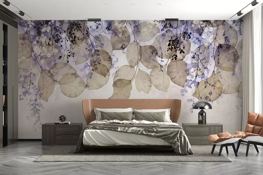 wall murals Деликатно осушено лишће и цветови у нијансама љубичасте, беж и беле на светлој текстурној позадини w08447