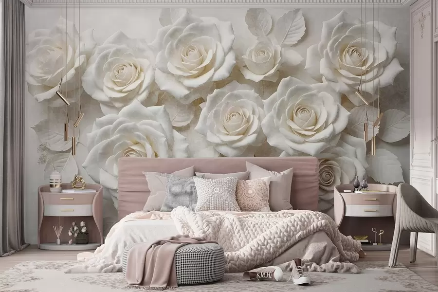 wall murals Поглед изблиза на неколико белих ружа са меким, деликатним латицама на белој позадини w08448