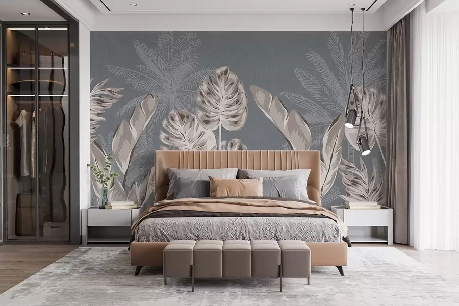 wall murals Велики, деликатни беж листови на пригушеној сивој позадини, стварајући спокојну и етеричну атмосферу w08449