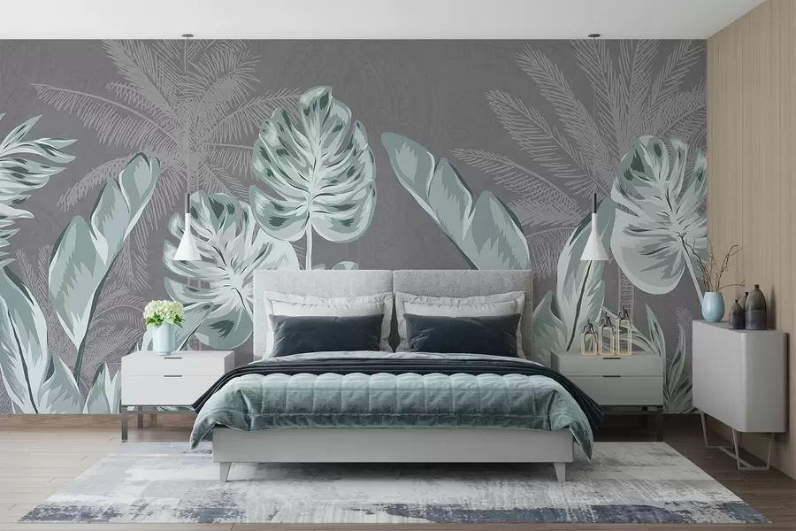 wall murals Велики, деликатни тиркизни листови на пригушеној сивој позадини, стварајући спокојну и етеричну атмосферу w08449v1