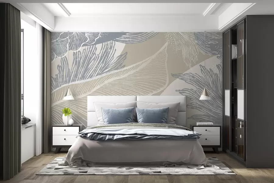 wall murals Пастелно плава и бела апстрактна штампа са органским облицима и линијама са пригушеном палетом боја w08450