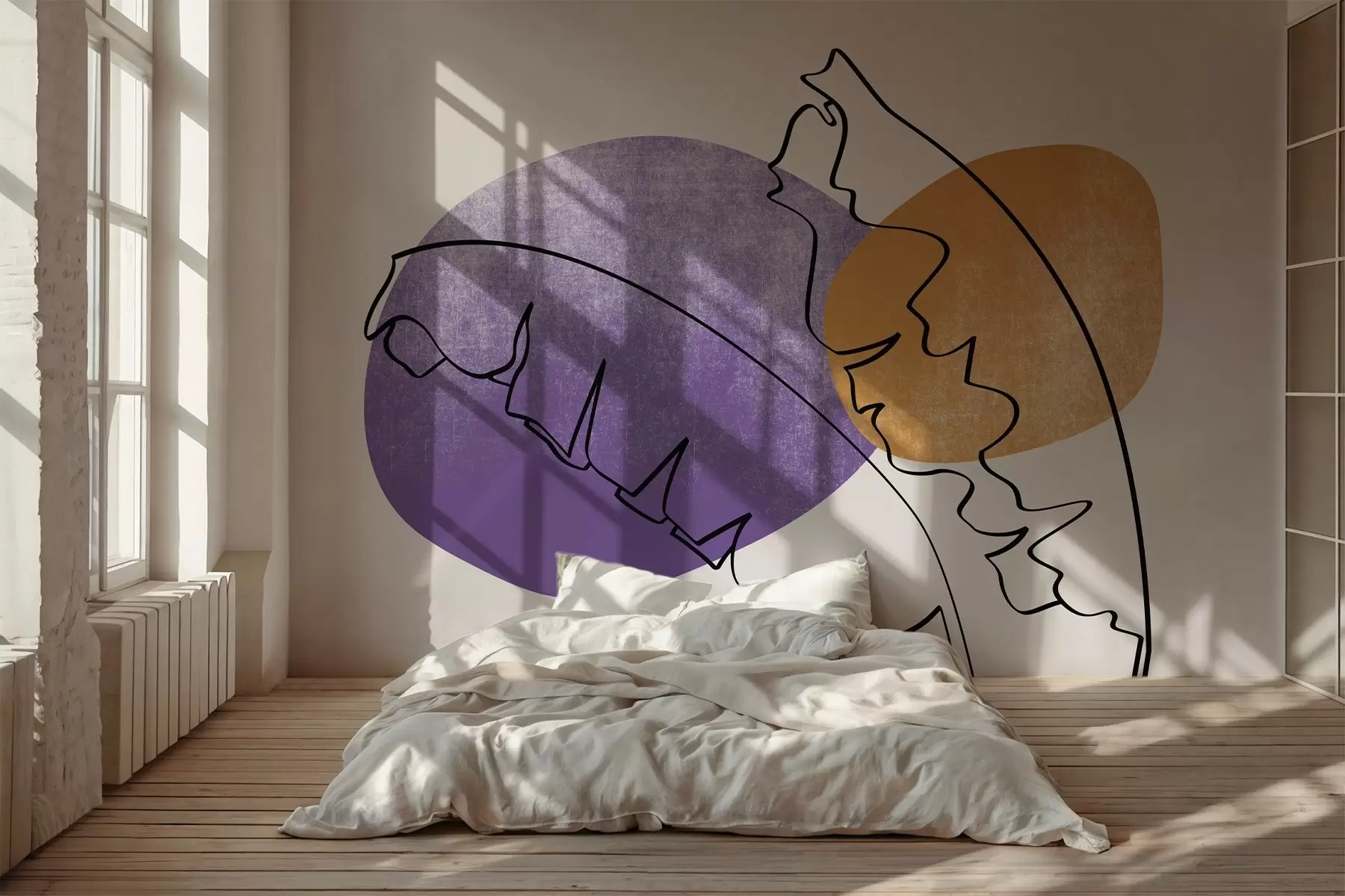 wall murals Цртање линија листова палми банане на љубичастој и наранџастој тачки текстуре w02423v1