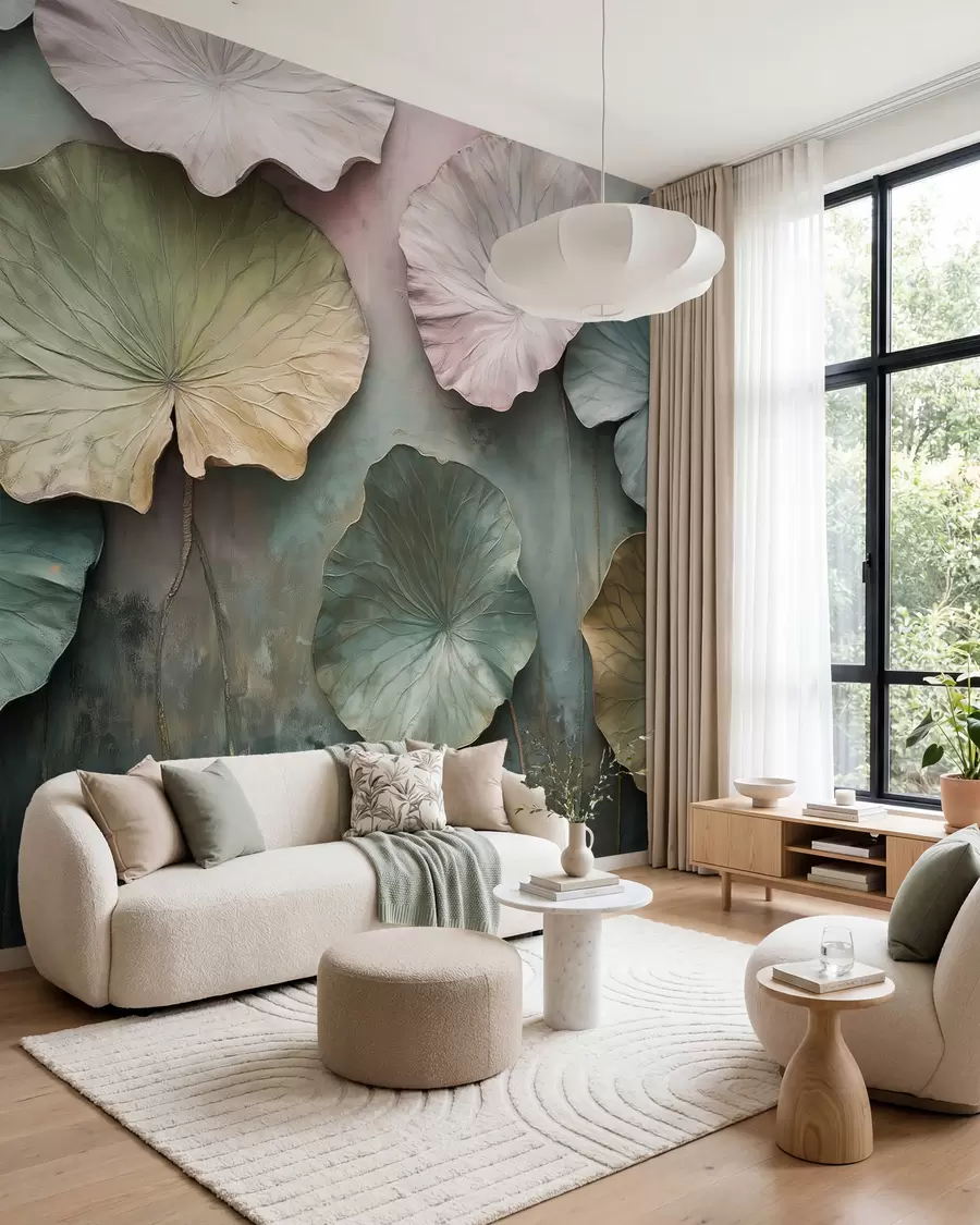 wall murals лотосово лишће у пастелном стилу са ефектом волумена w02441