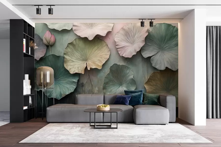 wall murals лотосово лишће у пастелном стилу са ефектом волумена w02441