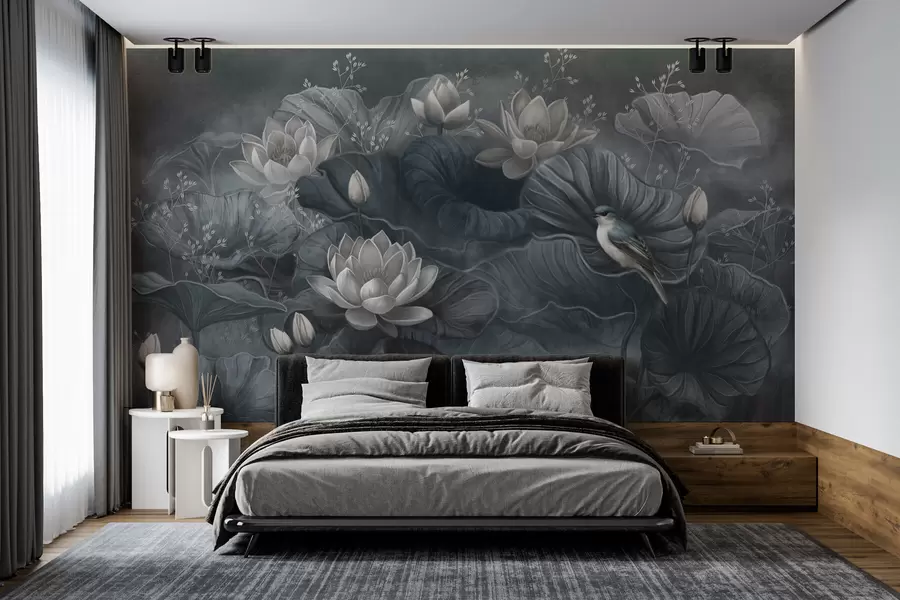 wall murals Чудесни лотосови цветови са лишћем и птицом w02407
