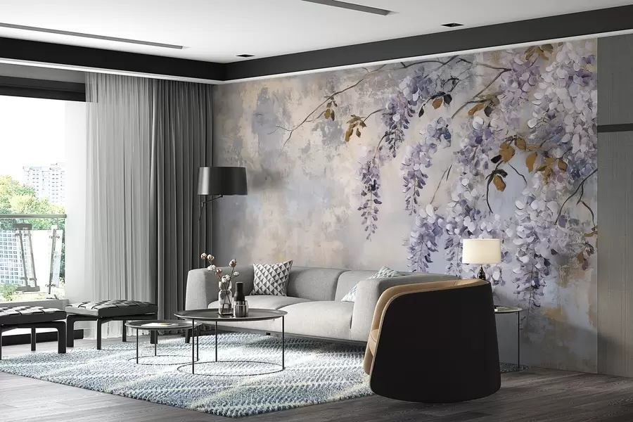 wall murals текстуриране тапете у меким, пригушеним бојама са деликатним цветовима и гранама глициније w02451