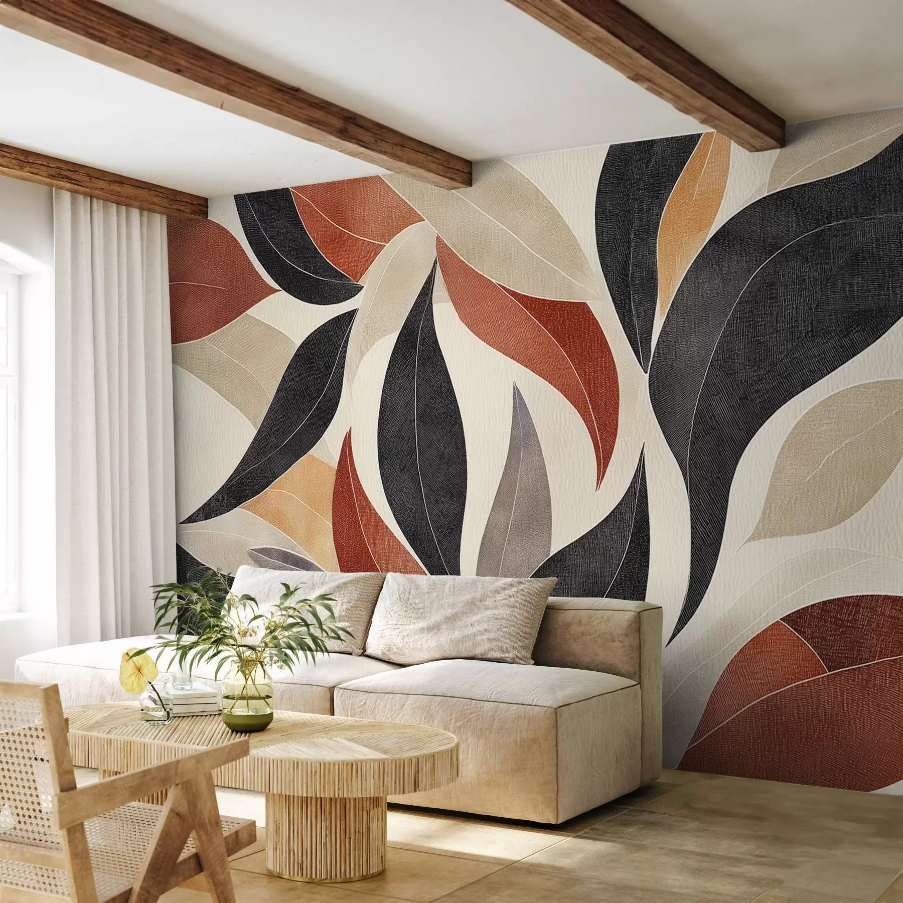 wall murals апстрактни листови у палети земљаних тонова - беж, теракота и тамно сива. w02452