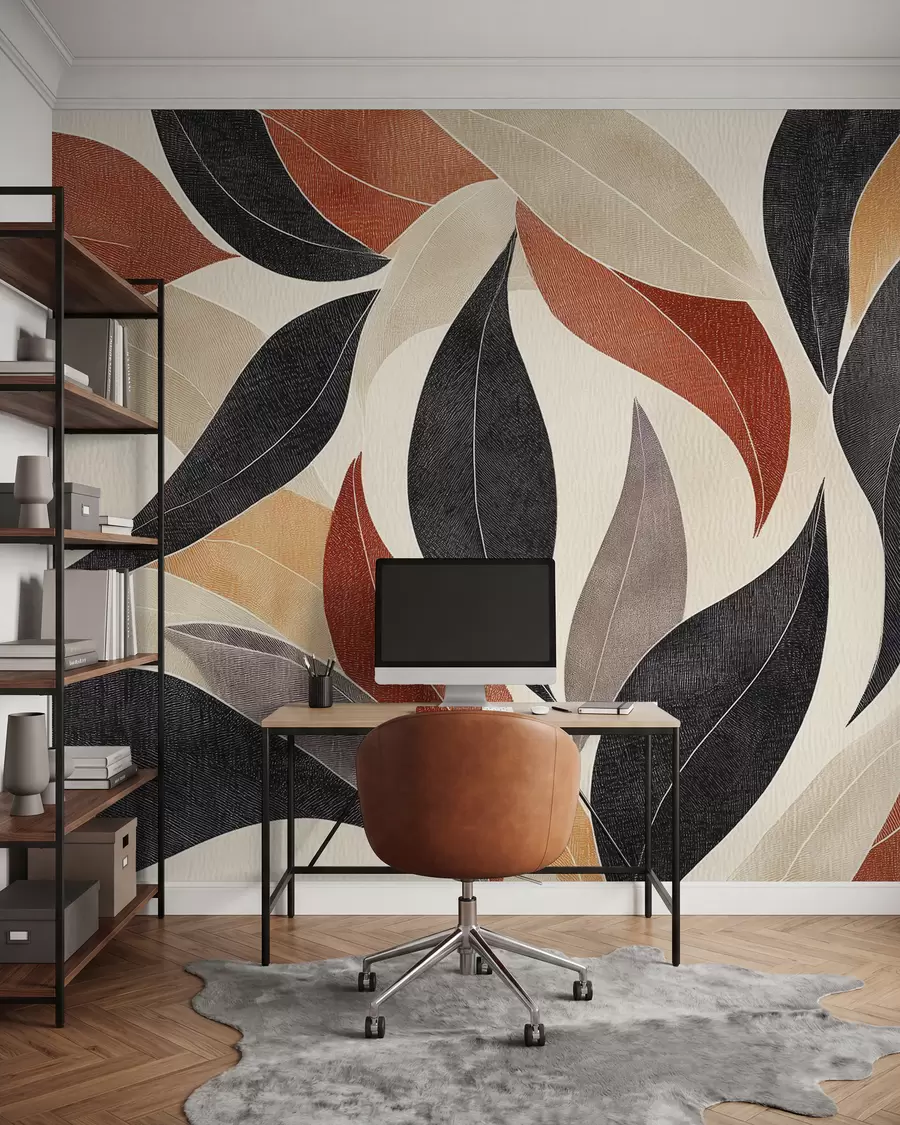 wall murals апстрактни листови у палети земљаних тонова - беж, теракота и тамно сива w02452