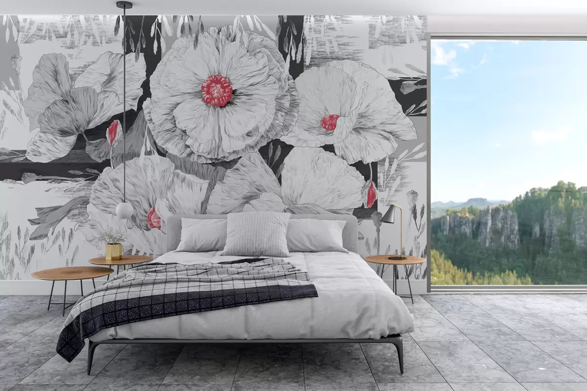 wall murals Црно-бели цветови са црвеним средиштима w02477