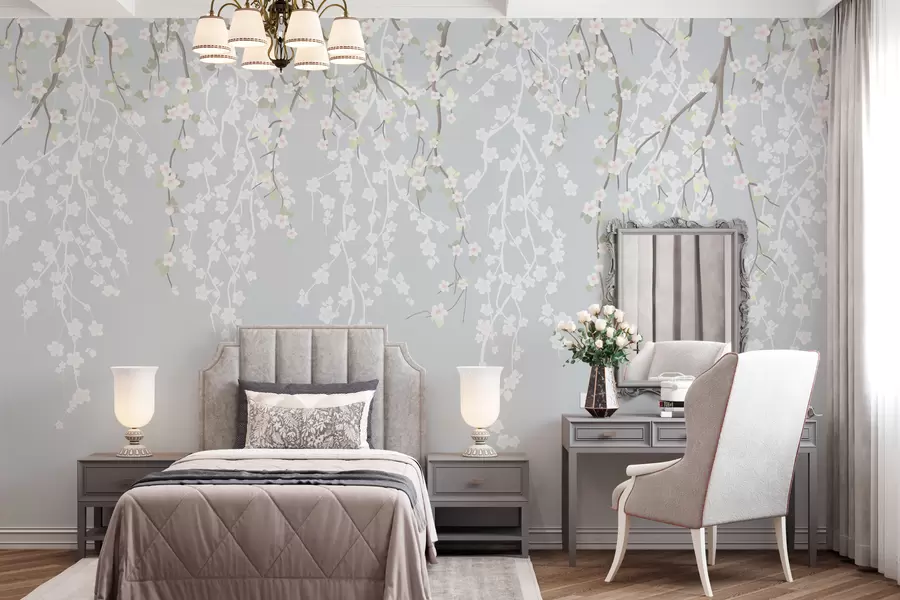 wall murals Падајуће нежне гране са цвећем на плавој позадини w02479