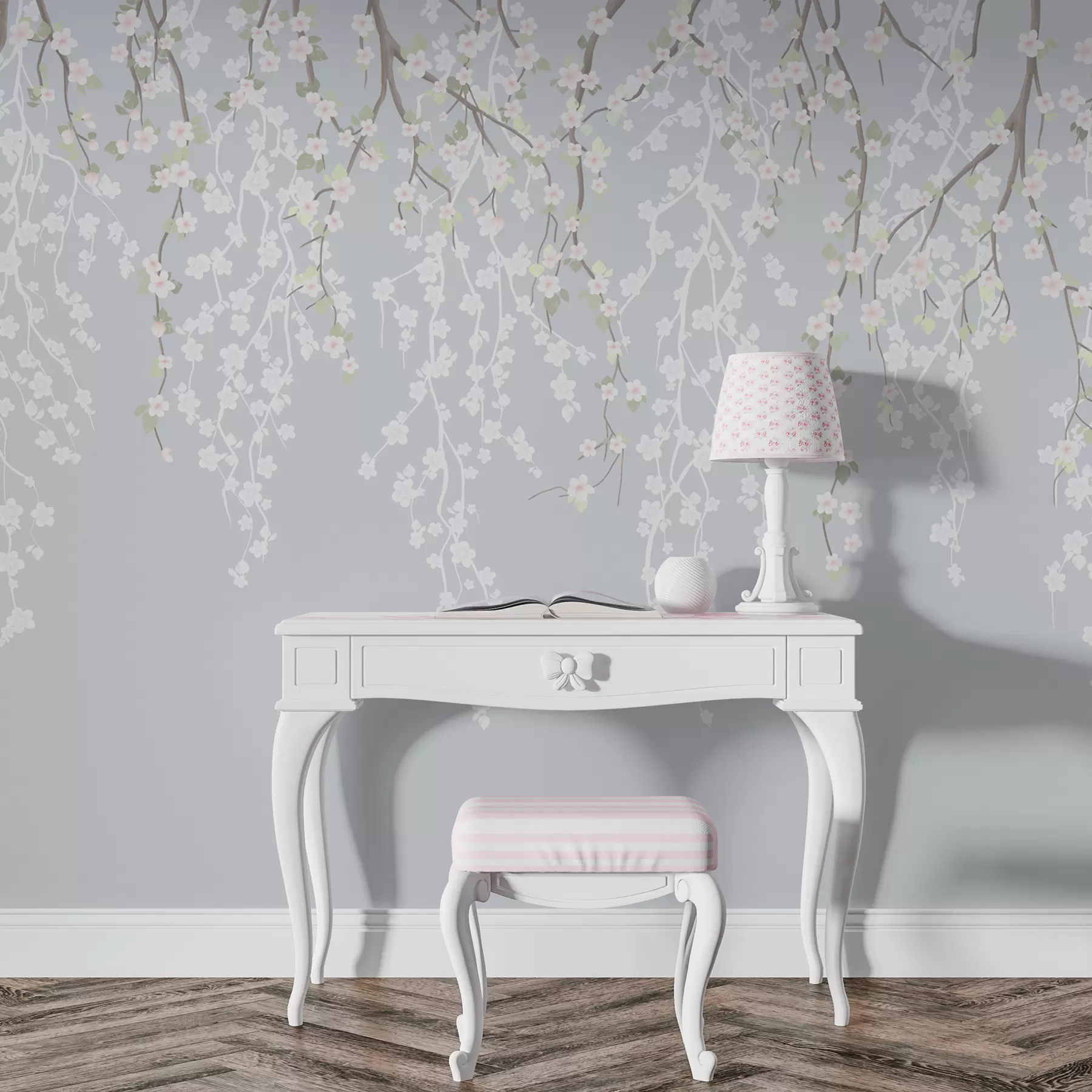 wall murals Падајуће нежне гране са цвећем на плавој позадини w02479