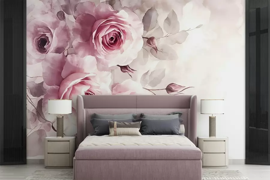 wall murals Нежне пастелне ружичасте руже и лишће са меком, замагљеном позадином имитације акварела w08459