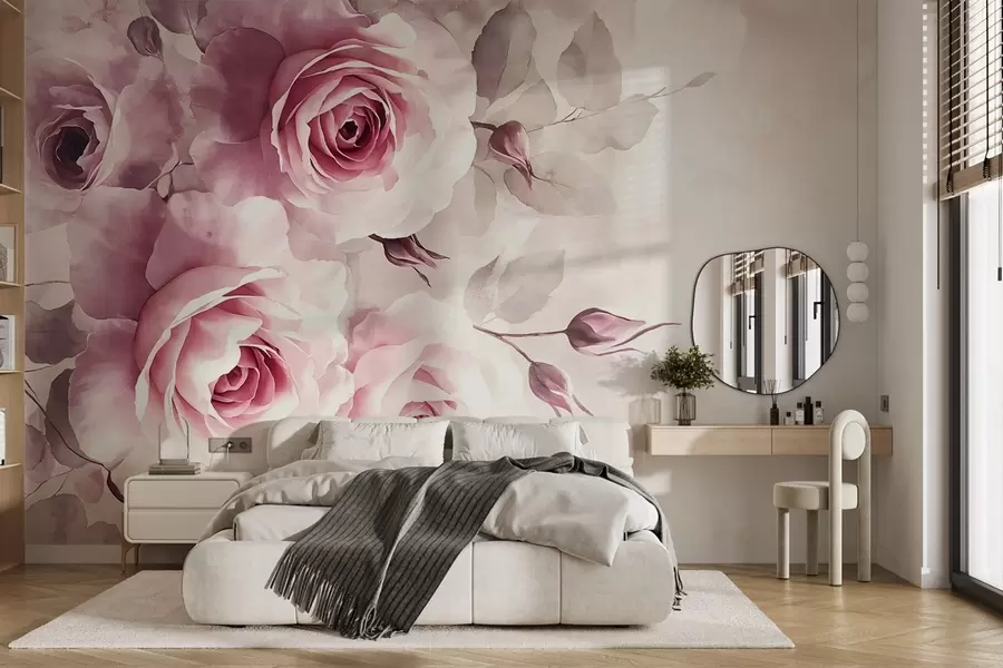wall murals Нежне пастелне ружичасте руже и лишће са меком, замагљеном позадином имитације акварела w08459