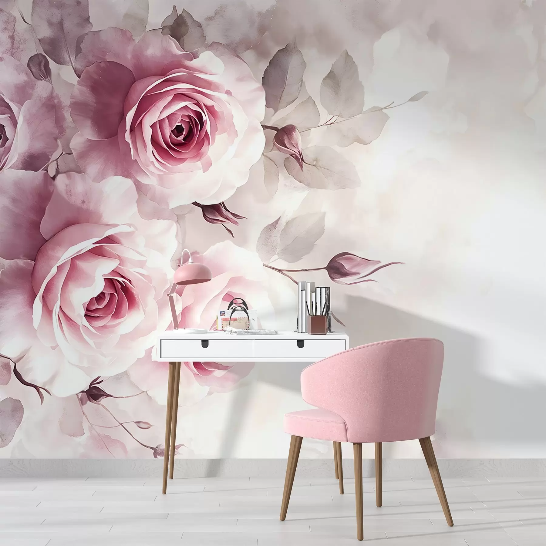 wall murals Нежне пастелне ружичасте руже и лишће са меком, замагљеном позадином имитације акварела w08459
