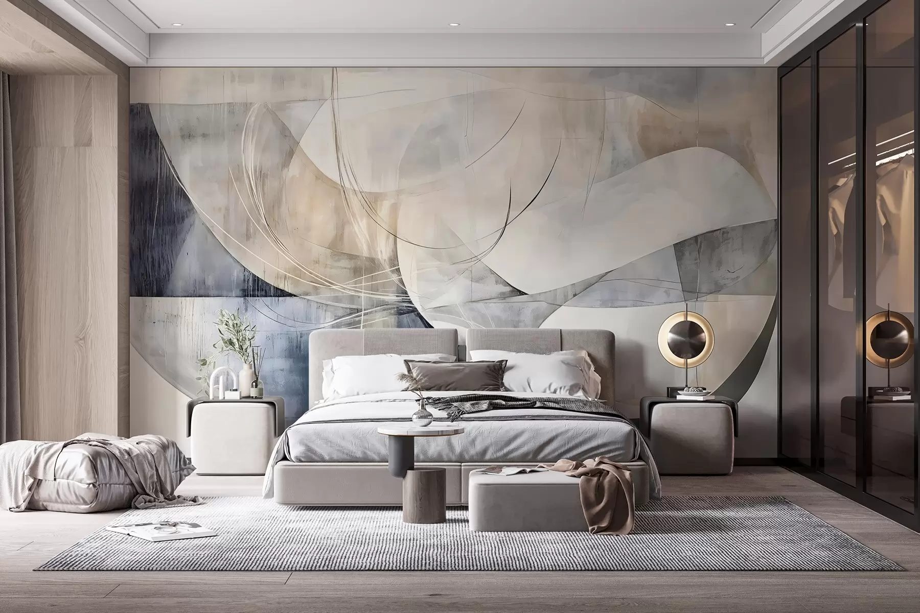 wall murals Апстрактни облици и форме у нијансама беле, сиве, беж и плаве на замућеној текстурираној позадини w08461