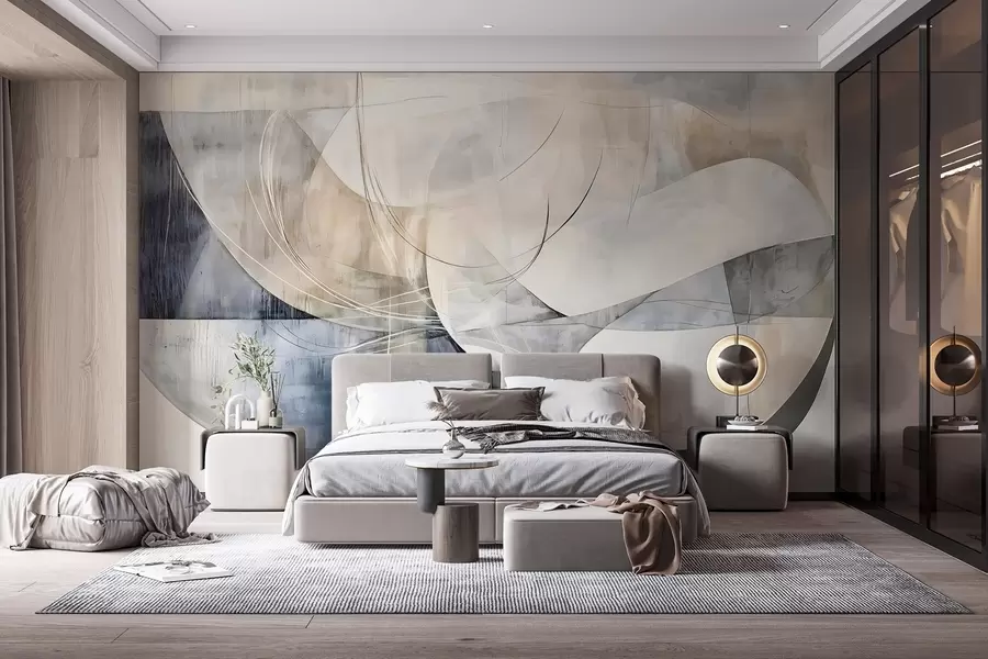 wall murals Апстрактни облици и форме у нијансама беле, сиве, беж и плаве на замућеној текстурираној позадини w08461