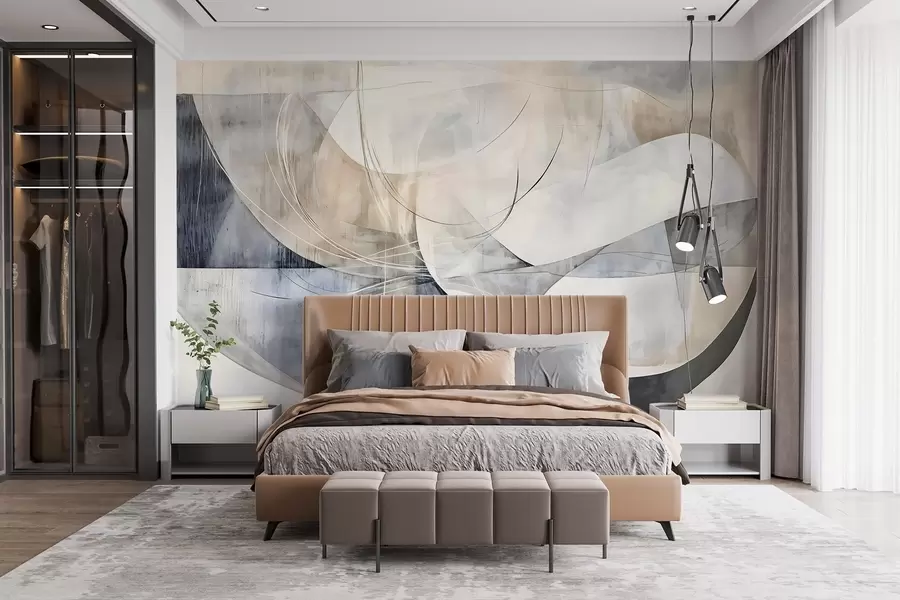 wall murals Апстрактни облици и форме у нијансама беле, сиве, беж и плаве на замућеној текстурираној позадини w08461