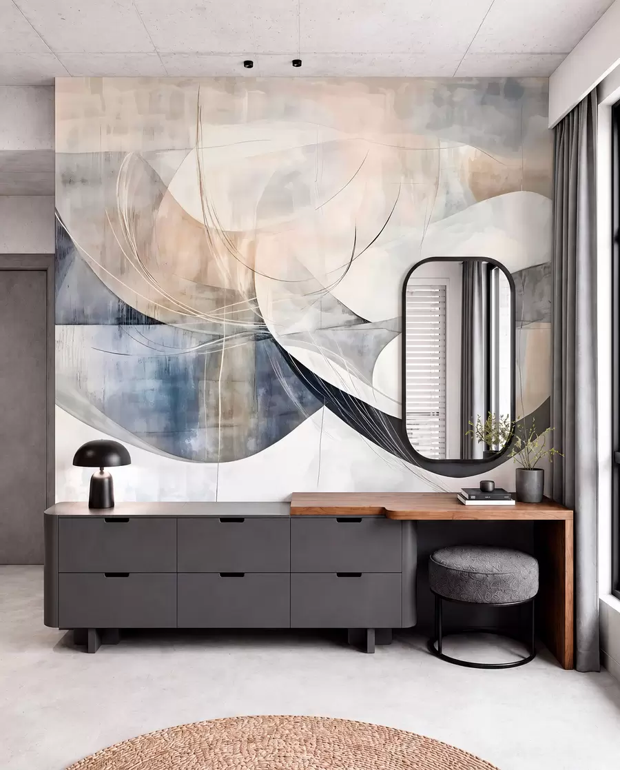 wall murals Апстрактни облици и форме у нијансама беле, сиве, беж и плаве на замућеној текстурираној позадини w08461