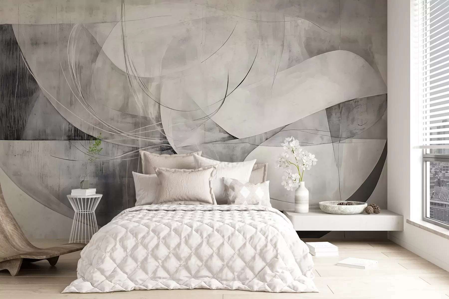 wall murals Апстрактни облици и форме у нијансама беле, сиве и црне на замућеној текстурираној позадини w08461v1