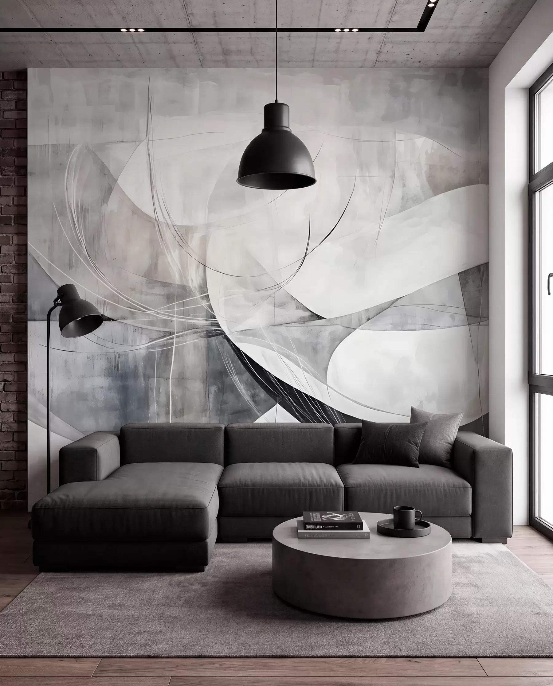 wall murals Апстрактни облици и форме у нијансама беле, сиве и црне на замућеној текстурираној позадини w08461v1