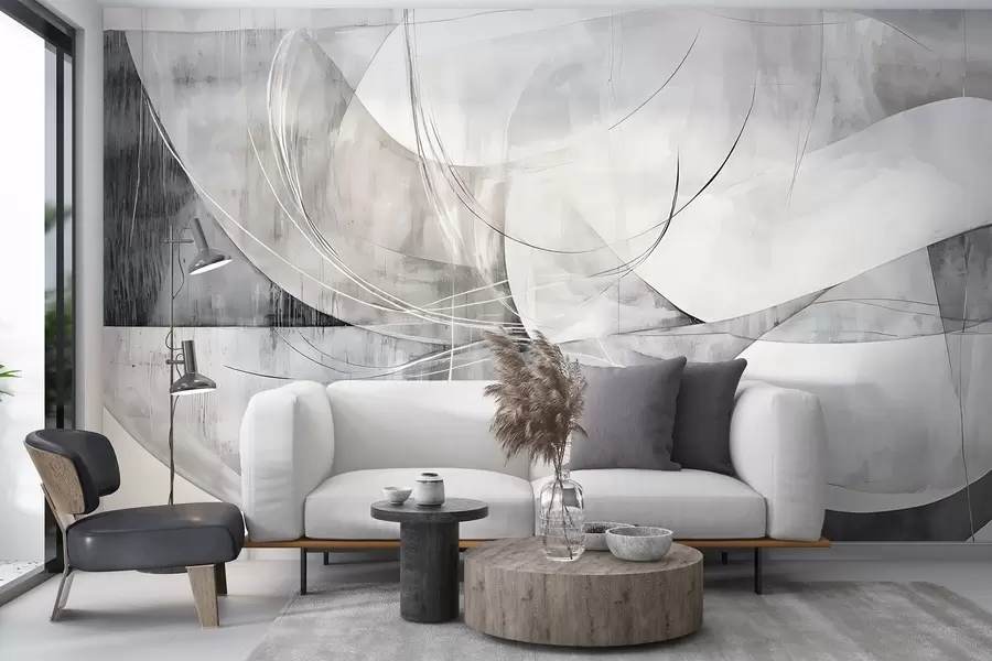 wall murals Апстрактни облици и форме у нијансама беле, сиве и црне на замућеној текстурираној позадини w08461v1