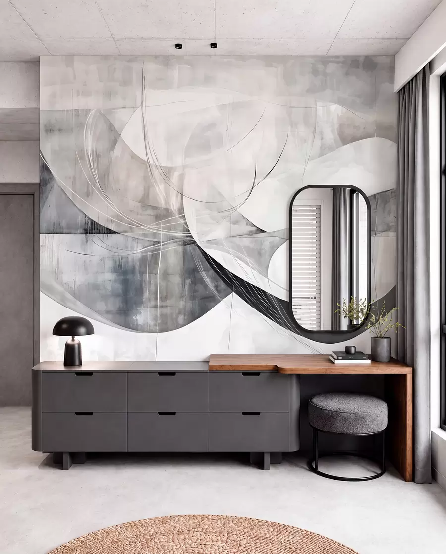 wall murals Апстрактни облици и форме у нијансама беле, сиве и црне на замућеној текстурираној позадини w08461v1