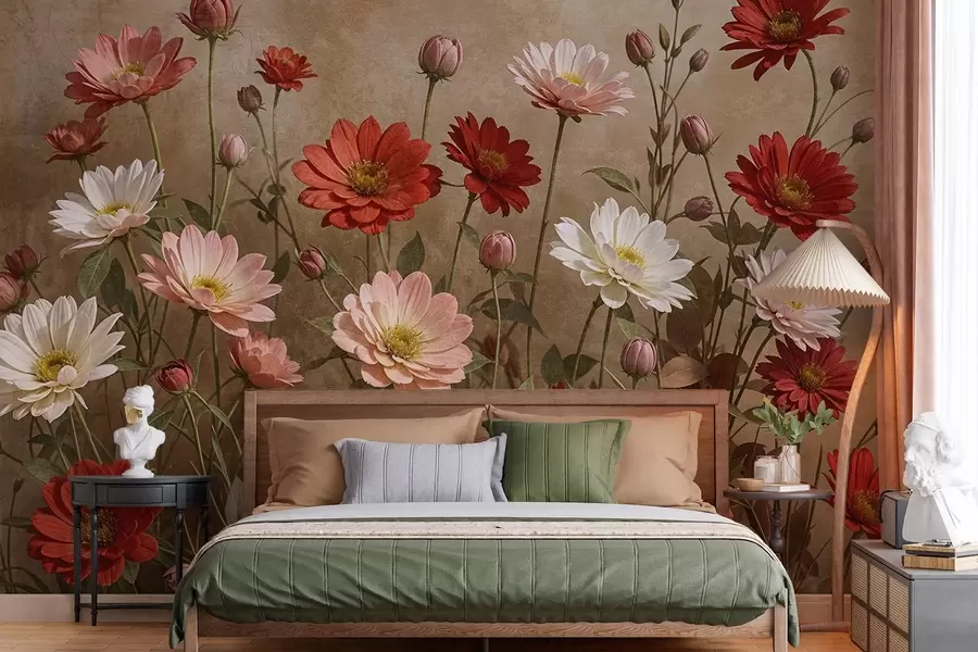 wall murals Поље шареног цвећа налик на тратинчице у разним нијансама ружичасте, црвене и беле на текстурираној позадини w08462