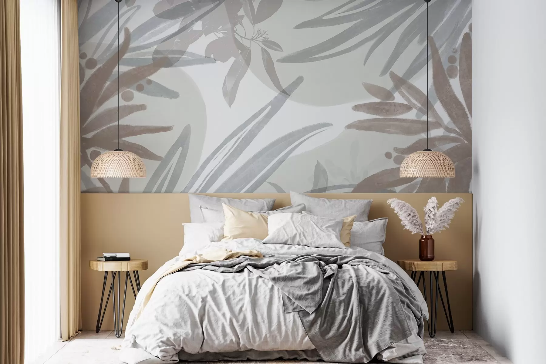 wall murals Апстрактни цветни узорак неутралних тонова са преклапајућим листовима и облицима у нијансама сиве, беле и беж w08464