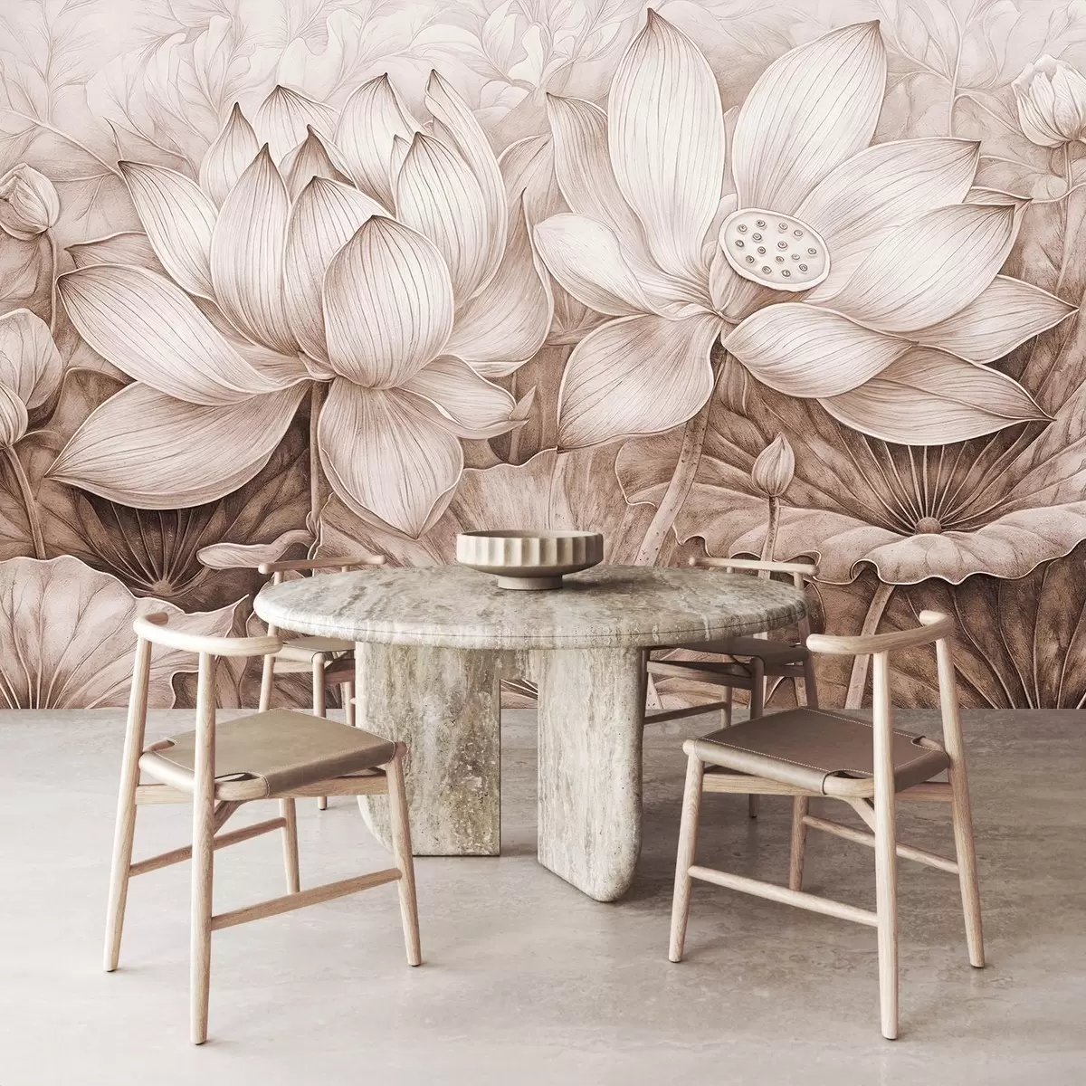 wall murals Неколико детаљних текстурираних великих цветова лотоса беж боје са смеђим листовима и стабљикама на светлој позадини w08465v1