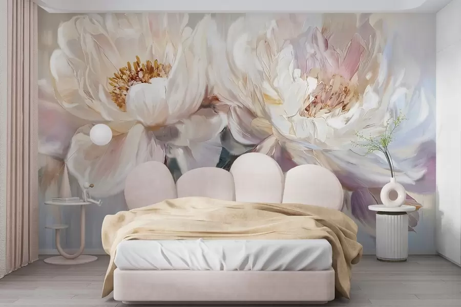 wall murals Меки, деликатни бели и пастелно ружичасти божури са бујним латицама на замућеној позадини имитације слике w08466
