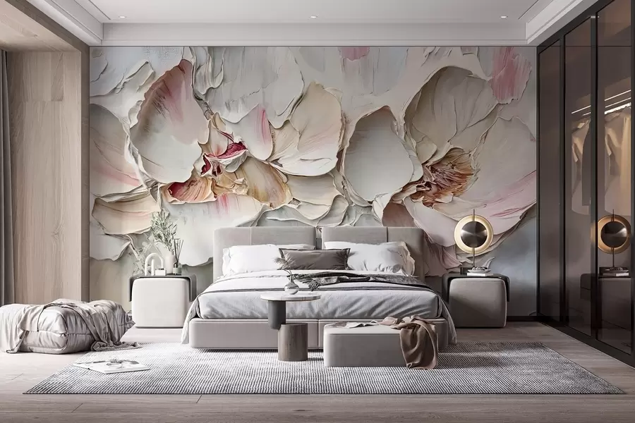 wall murals Нежно, бледо ружичасто цвеће са меким, слојевитим латицама на пригушеној, текстурираној позадини имитација импасто уљане слике w08467