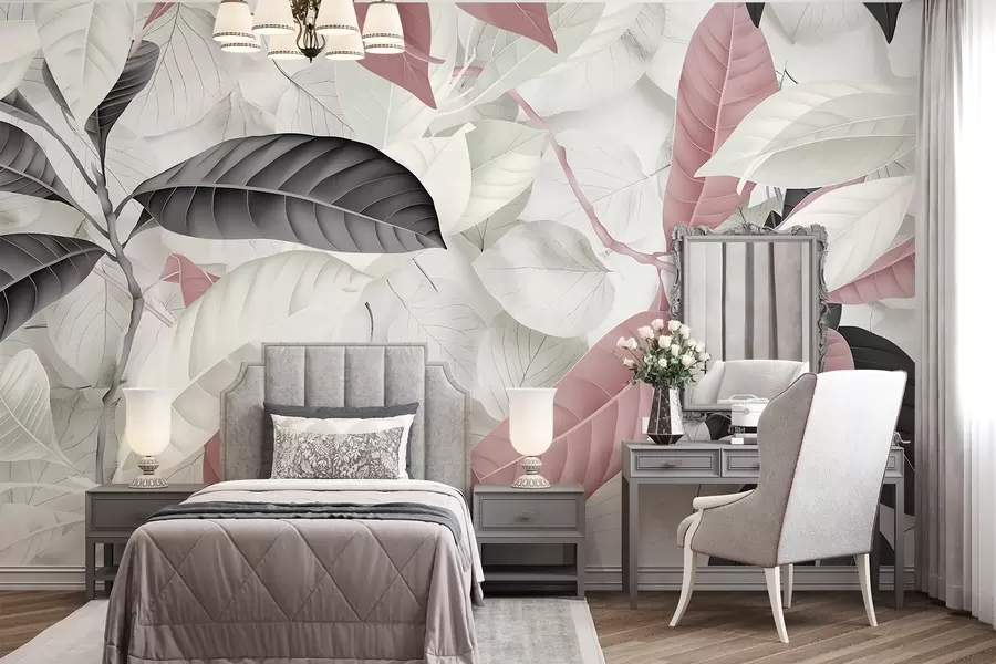 wall murals Велики отисак ружичастог и сивог лишћа на светлој текстурираној позадини, стварајући бујни тропски осећај w08468