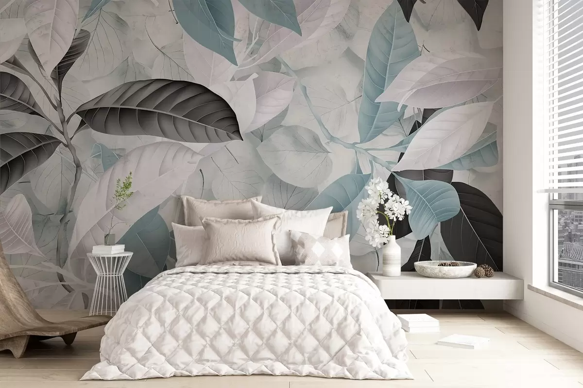 wall murals Велики отисак плавог и сивог лишћа на светлој текстурираној позадини, стварајући бујни тропски осећај w08468v1