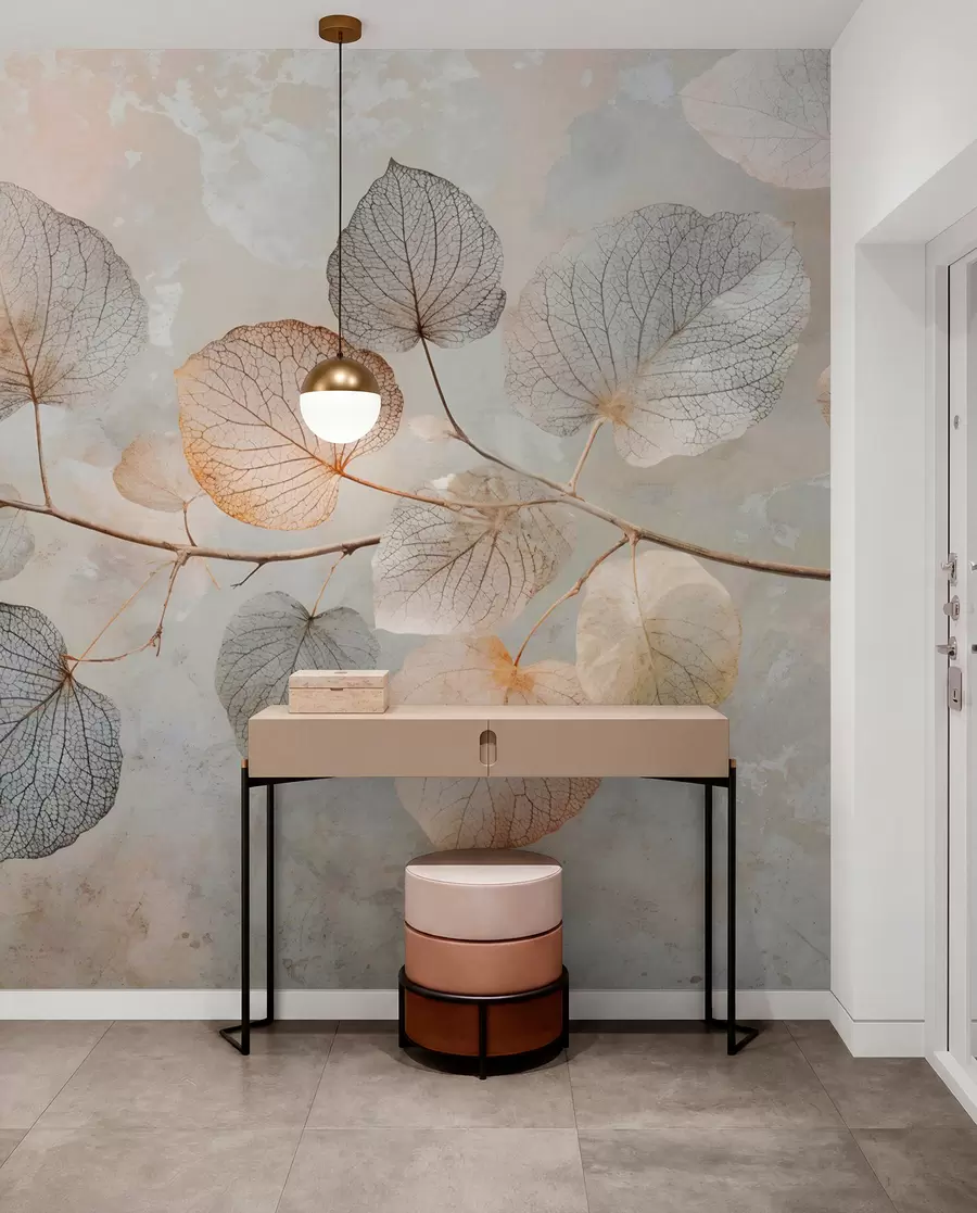 wall murals Деликатни листови са замршеним венама и меким, пригушеним бојама на бледи текстурираној позадини w08469